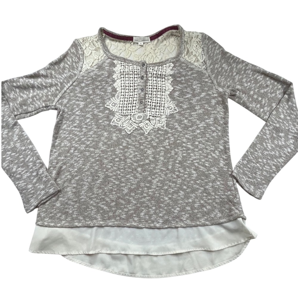Coco + Jameson Womens Gray Marled Lace Henley Top Long Sleeve Mixed Media‎ M